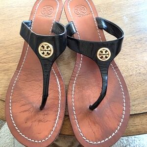Tory Burch Black and Tan Thong Wedge Sandals